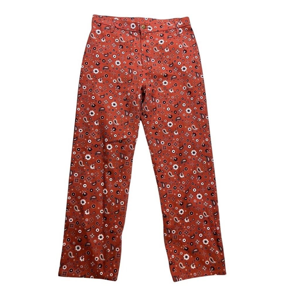 KLXTV Bandana Print Pants Women Size L Rust Orange Floral Paisley Straight Leg